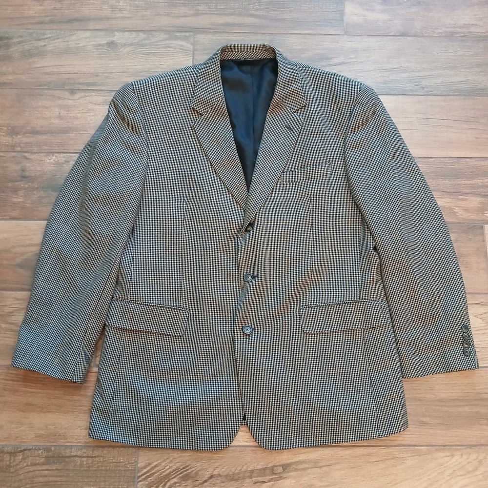 Jos A Bank Blazer Mens 46R Brown Plaid Houndstooth Silk Wool Three‎ Button